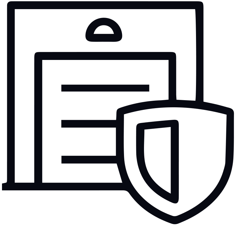 Graphic representation of a warehouse building with a sign in front of it indicating special protection.